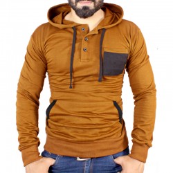 Brown Henley Button Pocket Style Fleece Hoodie FS-2515